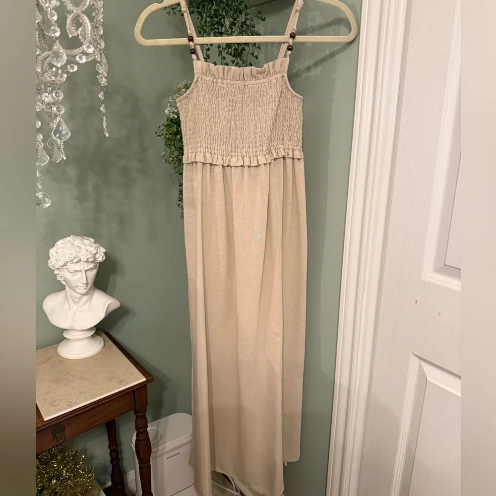 Zara Khaki Linen Smocked Midi Dress - Picture 3 of 9